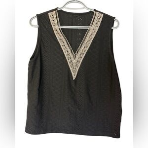 Women’s Large SHEIN Black Top with Cream Lace V-Neck